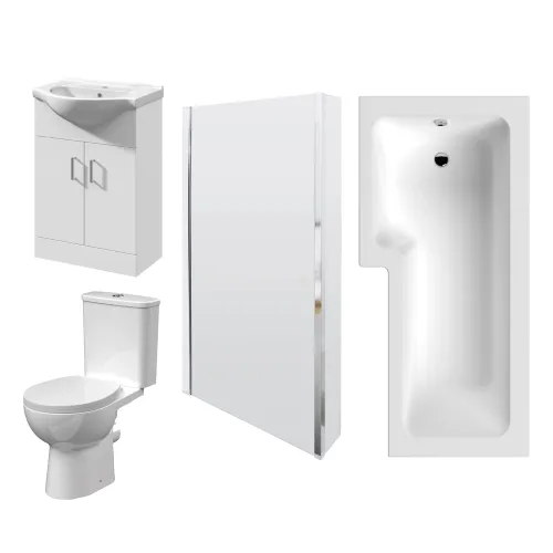 Left Hand Square Shower Bath 1700mm x 850mm, Bath Screen, 550mm Vanity, Pan and Cistern