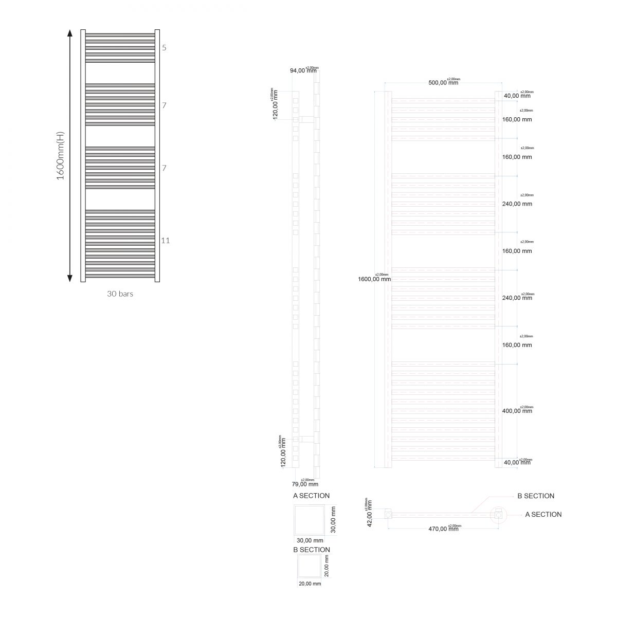 Belfast Towel Radiators Towel Rail 1600h x 500w x 30d mm - Image 3